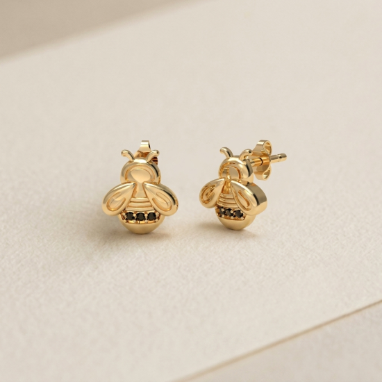Bee — Solid Gold Bumble Bee Stud Earrings with Black Diamond Accent