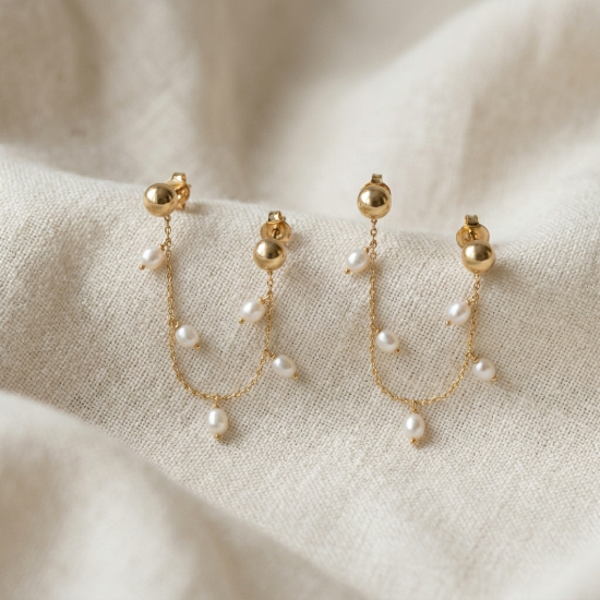 Minimal Chain Drop Pearl Stud Earrings | Dainty Pearl Dangle Stud Earrings