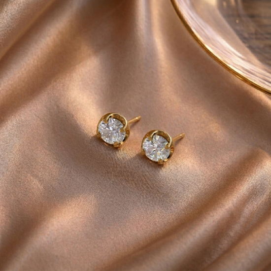 Gold Round Brilliant Solitaire Diamond Stud Earrings | Classic Four-Prong Diamond Studs