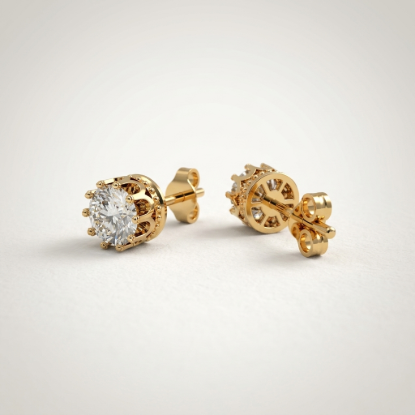 Solid Gold Vintage Crown Solitaire Diamond Stud Earrings