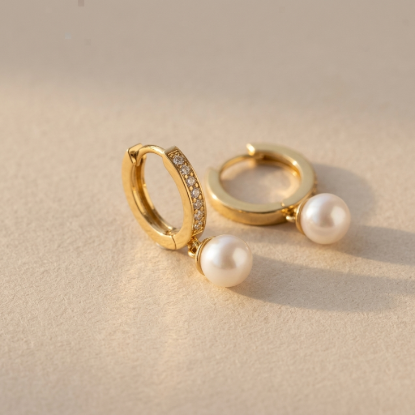 Solid Gold Pearl Drop Pavé Crystal Huggie Hoop Earrings