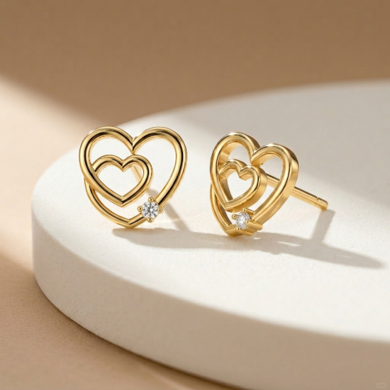 Double Heart Stud Earrings in Gold with Diamond Accent