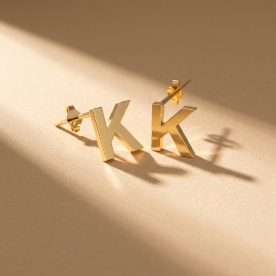Initial Letter K Stud Earrings in Solid Gold — Yellow, Rose & White Gold