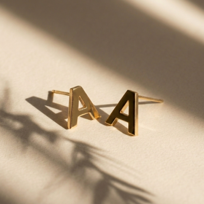 Initial Letter A Gold Stud Earrings | Yellow