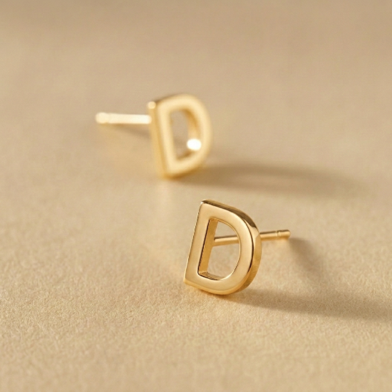 Initial Letter D Stud Earrings in Solid Gold — Yellow, Rose & White Gold
