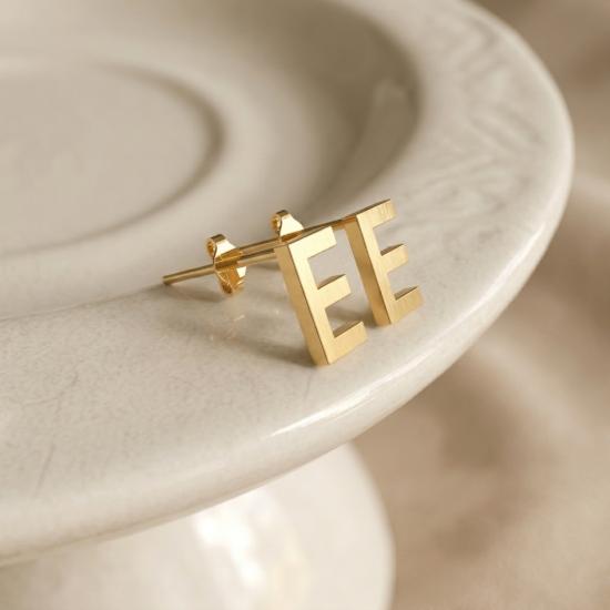 Initial Letter E Stud Earrings in Solid Gold — Yellow, Rose & White Gold