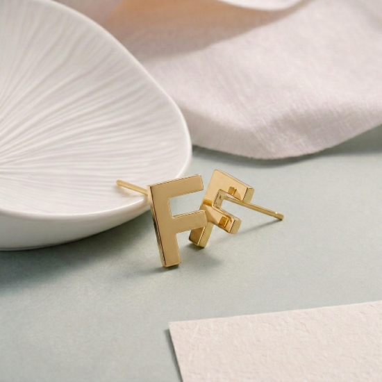 Initial Letter F Stud Earrings in Solid Gold — Yellow, Rose & White Gold