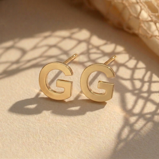 Initial Letter G Stud Earrings in Solid Gold — Yellow, Rose & White Gold