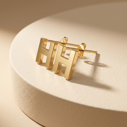 Initial Letter H Gold Stud Earrings