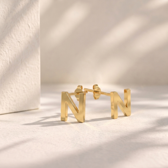 Solid Gold Initial Letter N Stud Earrings
