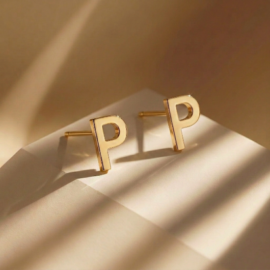 Solid Gold Initial Letter P Stud Earrings