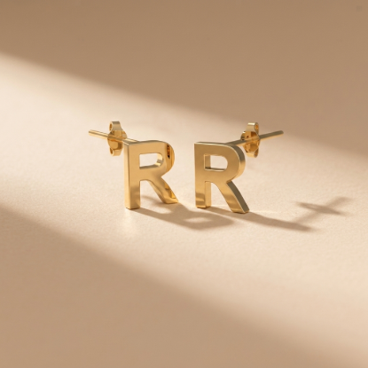 Solid Gold Initial Letter R Stud Earrings