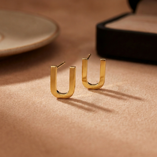 Solid Gold Initial Letter U Stud Earrings