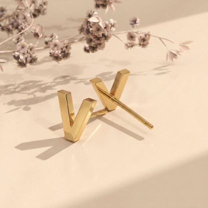 Solid Gold Initial Letter V Stud Earring