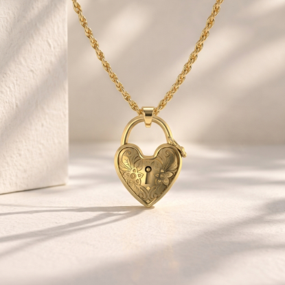Solid Gold Vintage Floral Heart Lock Pendant Necklace